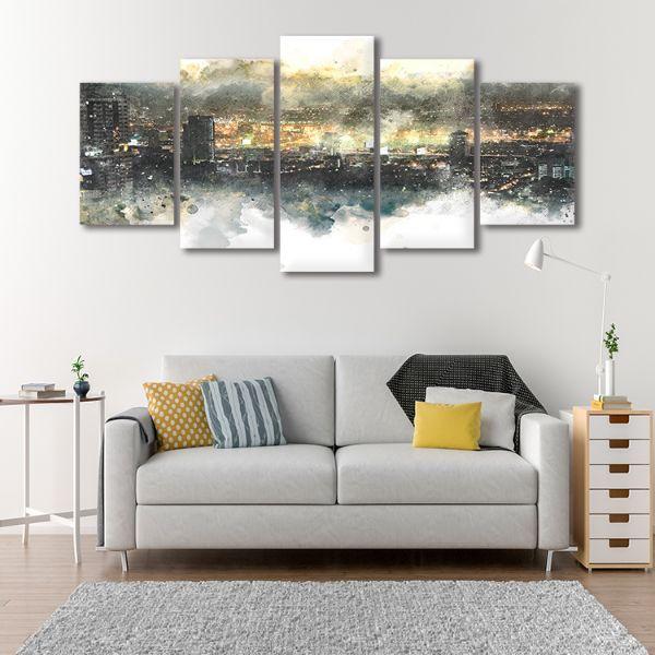 City Lights  View Abstract 5 Panels Canvas Wall  Art 