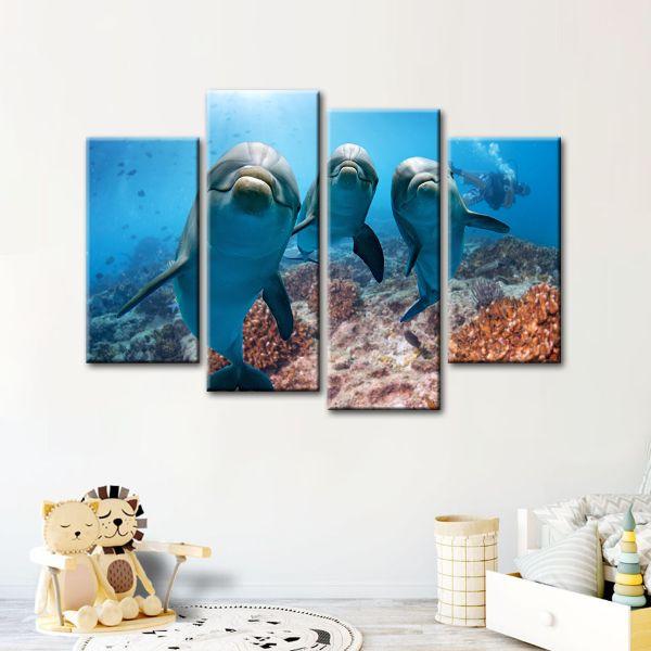 Dolphins Under The Ocean 4 Panel Canvas Wall Art Canvasx Net