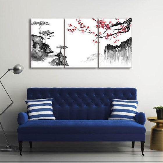 Japanese Sakura & Mountain 3-Panel Canvas Wall Art – canvasx.net