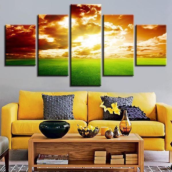 Shop Green Grassy Landscape Sunset Canvas Wall Art Canvasx Net