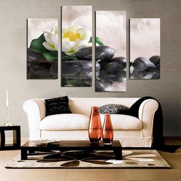 White Lotus With Zen Stones Canvas Wall Art | Flower Art Print