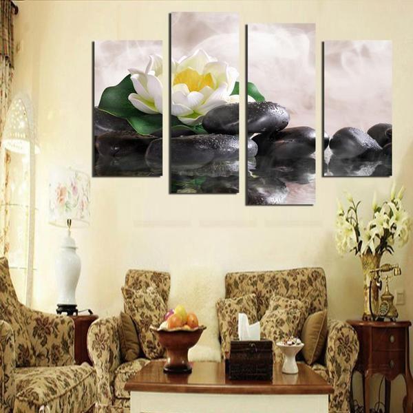 White Lotus With Zen Stones Canvas Wall Art Flower Art Print