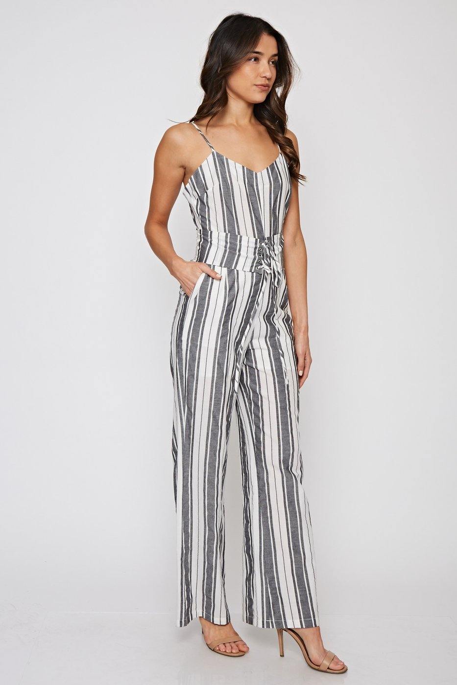 gray and white striped jumpsuit