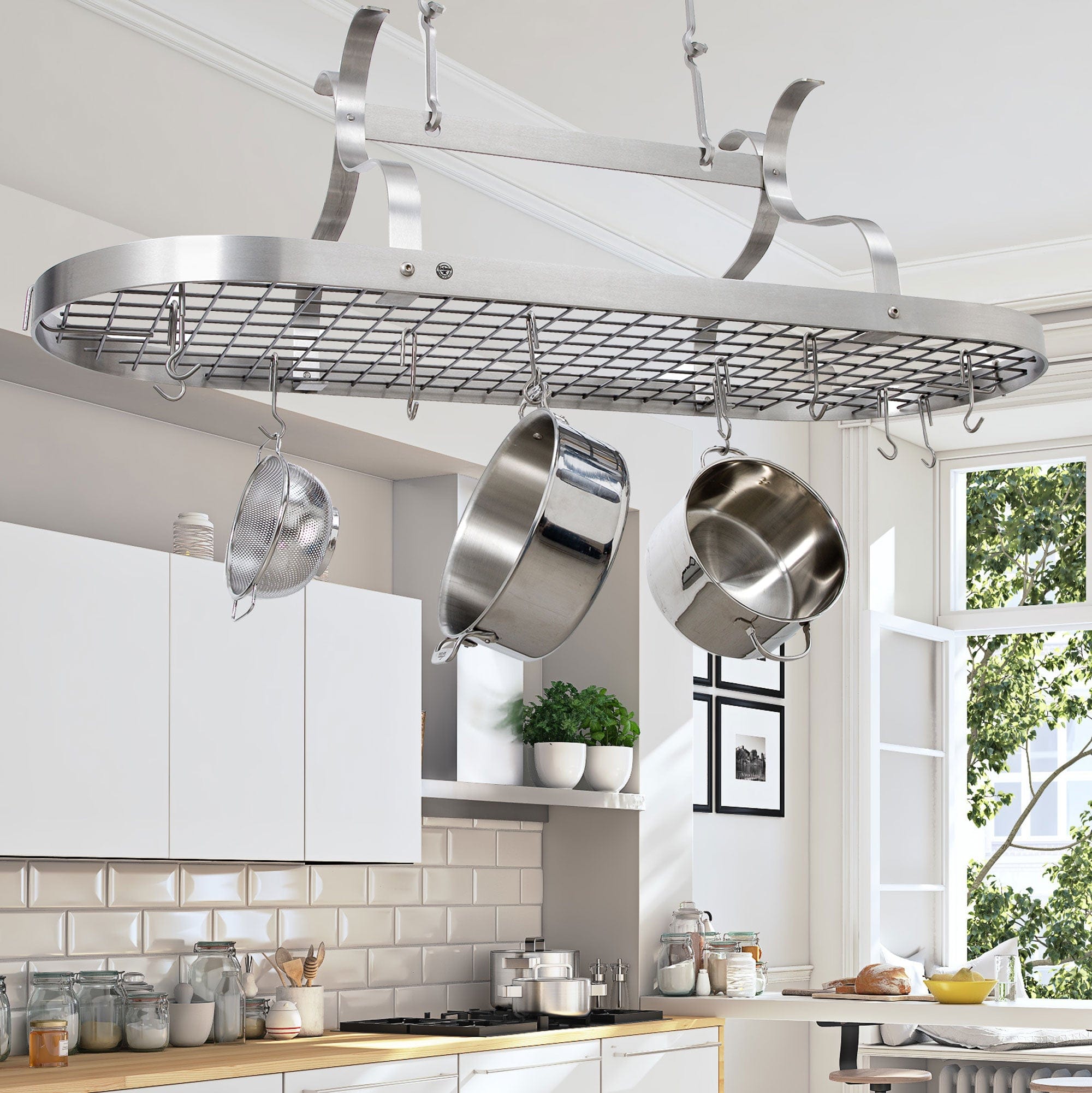 Scroll Arm Oval Ceiling Pot Rack W 24 Hooks Enclume Design Products