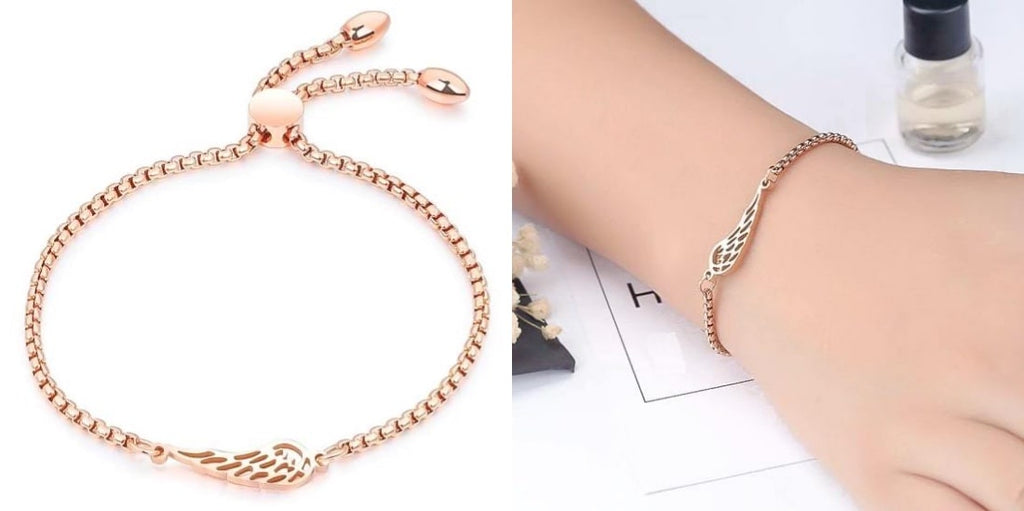 Rose gold angel wing bolo slider bracelet