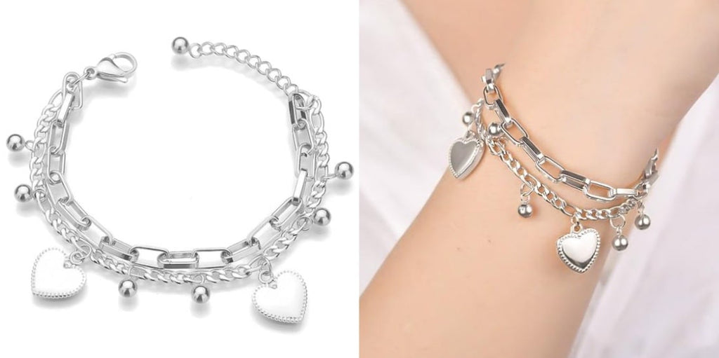 Adjustable layered heart charm bracelet