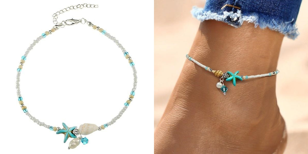 Beaded beach anklet with a shell, starfish, & pearls