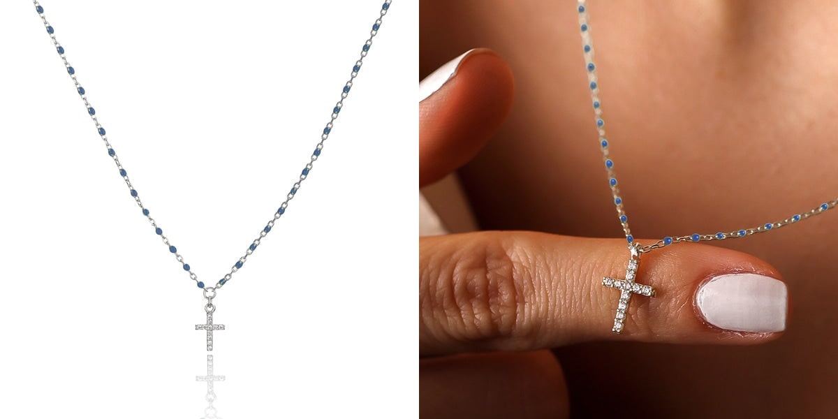 Blue beaded crystal cross necklace