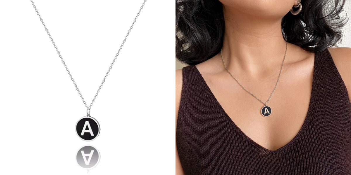 Black initial coin necklace