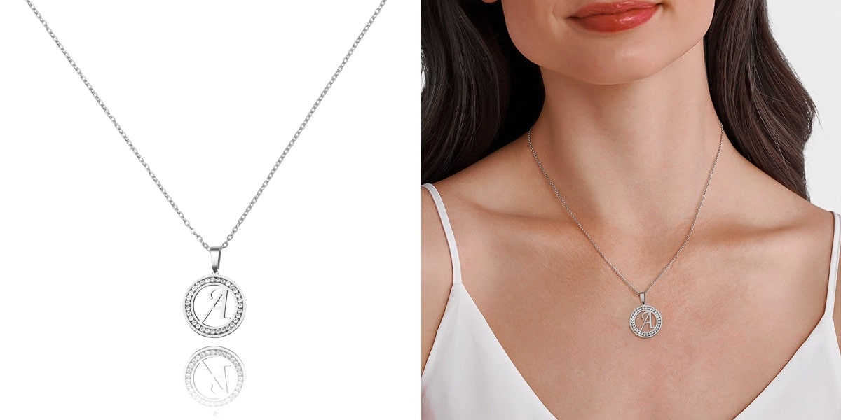 Silver crystal coin initial letter necklace