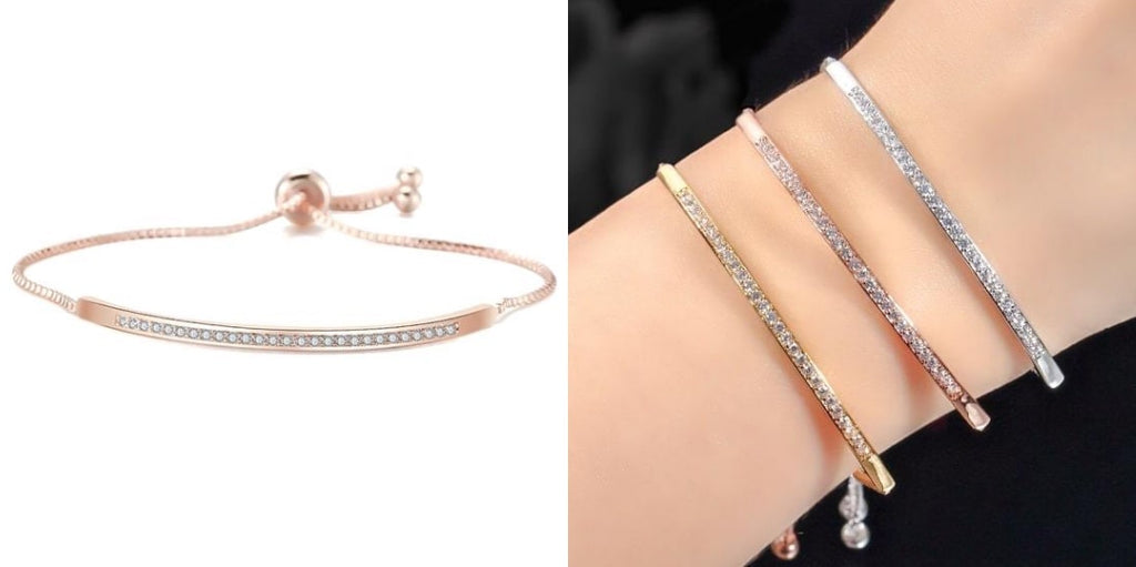 Rose gold crystal bar bracelet with bolo slider clasp