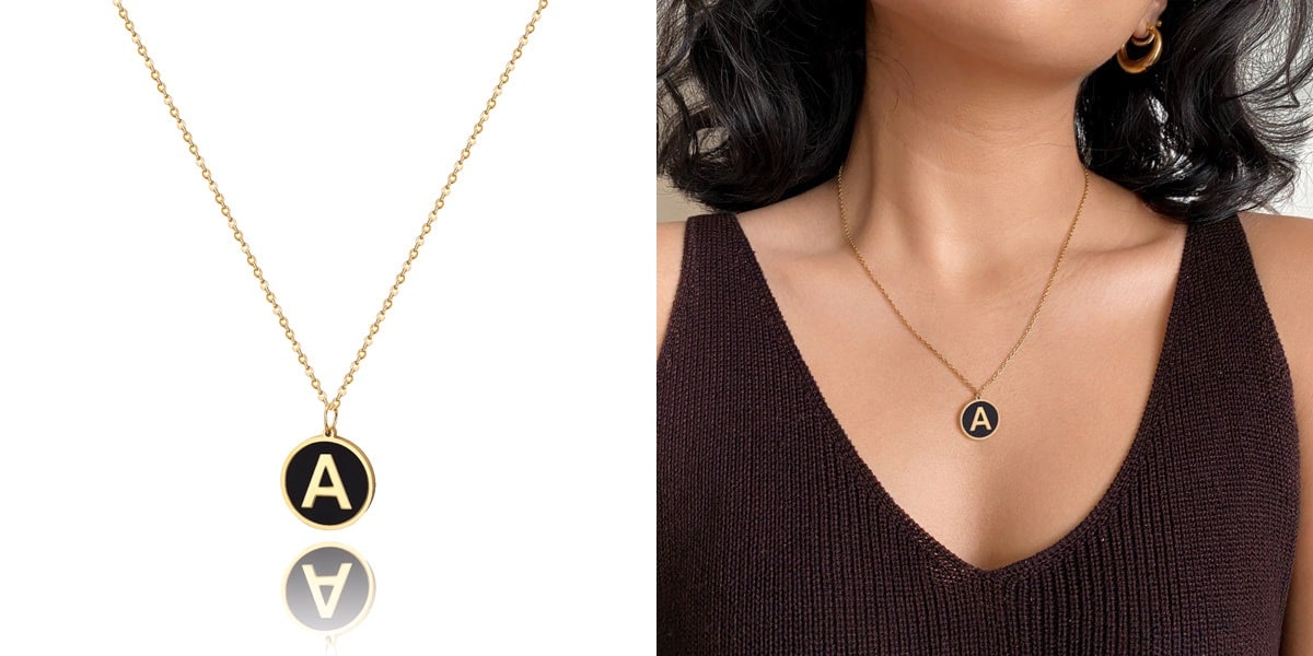 Gold and black initial coin necklace