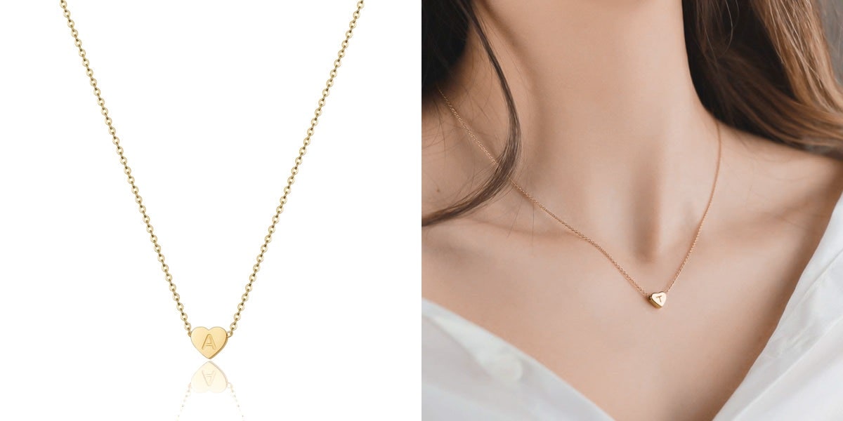 Dainty gold heart initial necklace