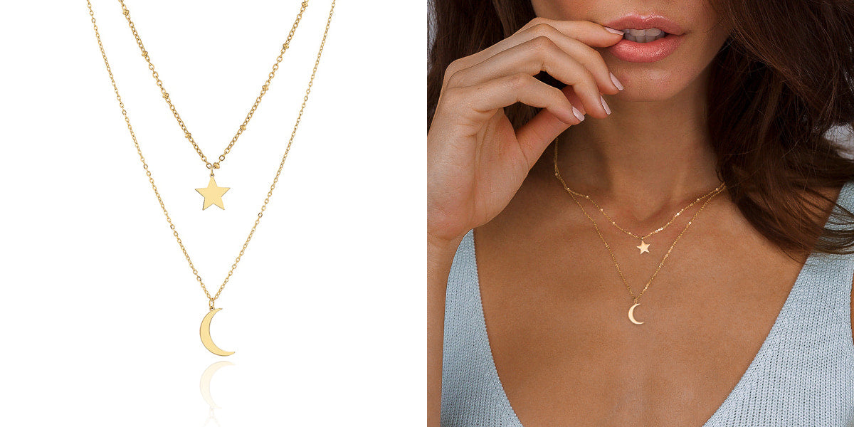 Layered star & moon charm necklace