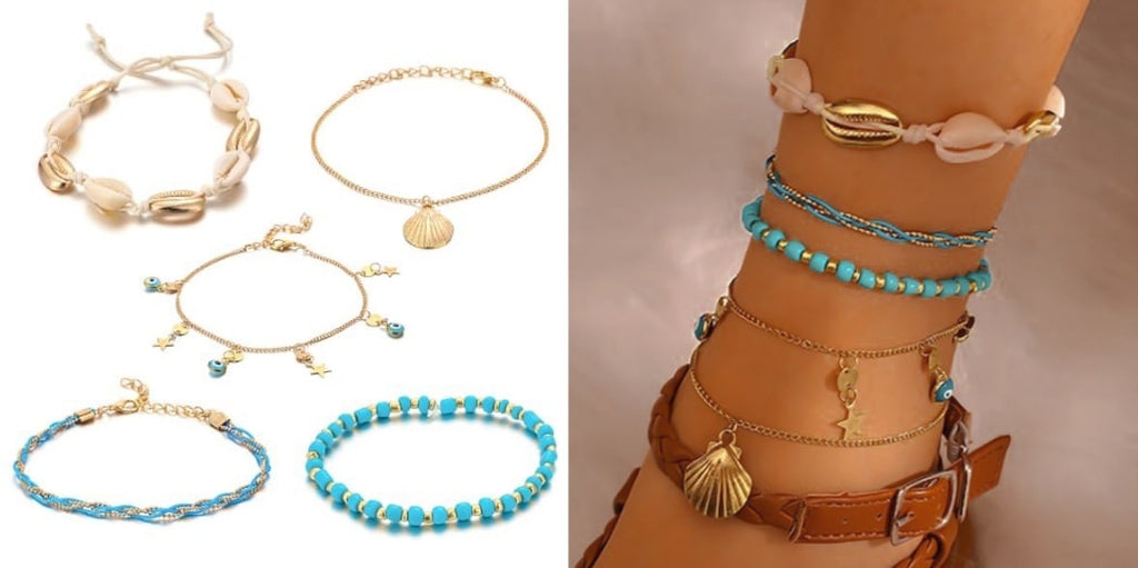 Gold Turquoise Shell Anklet Set