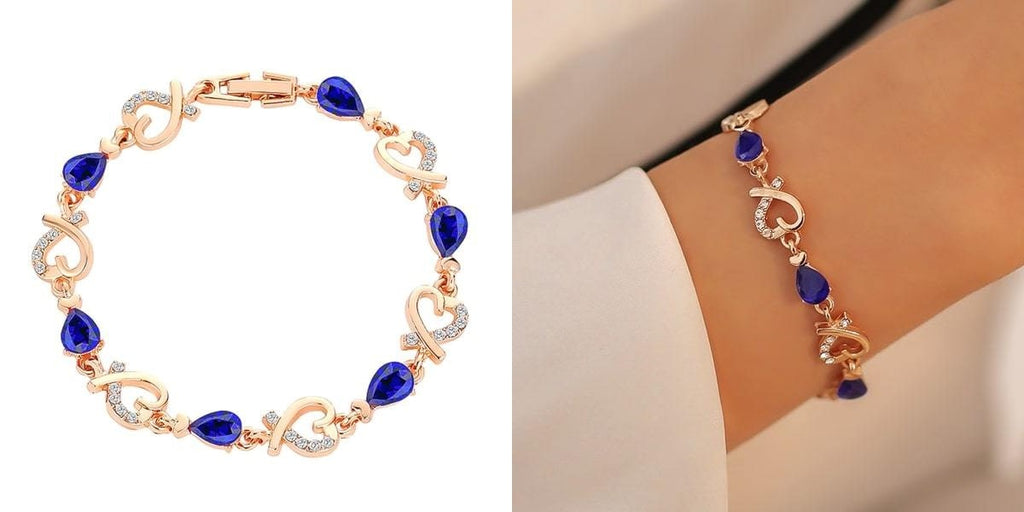 Gold heart chain bracelet with blue crystals