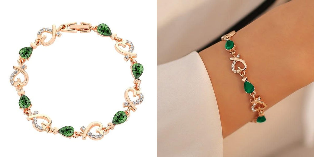 Gold and green heart chain bracelet