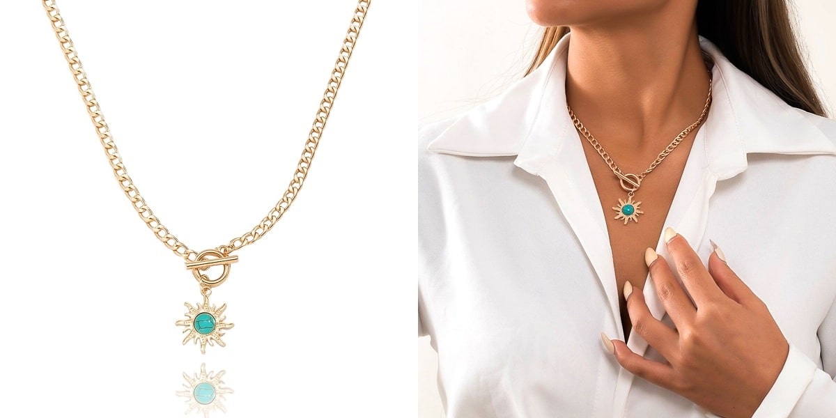Gold turquoise sun necklace