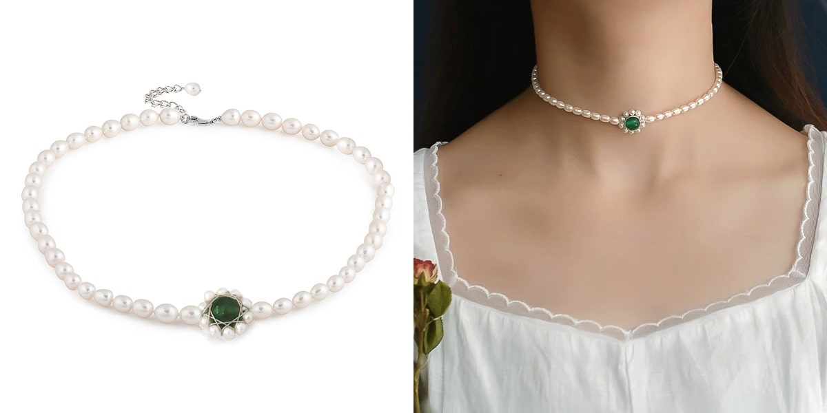 Green agate flower freshwater pearl choker necklace