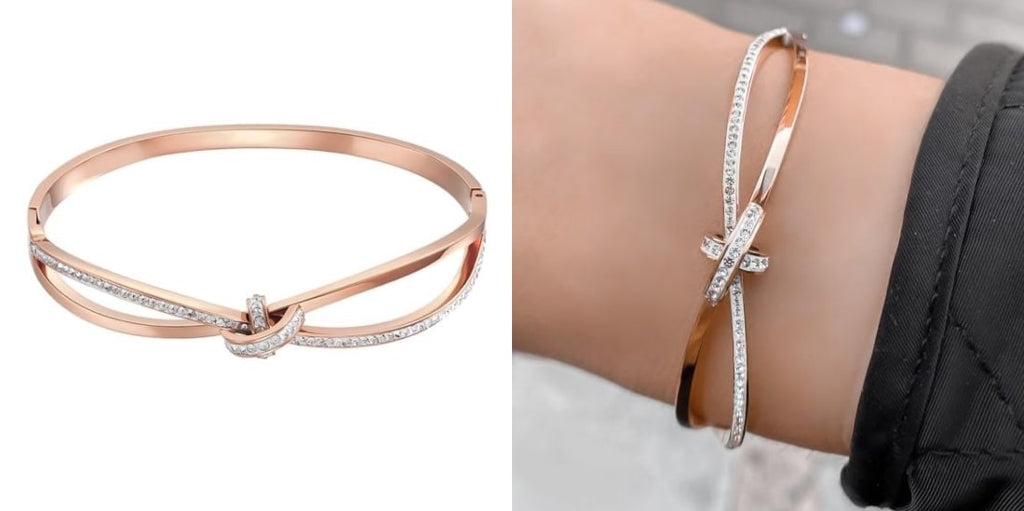 Rose gold crystal knot bridesmaid bangle bracelet for weddings