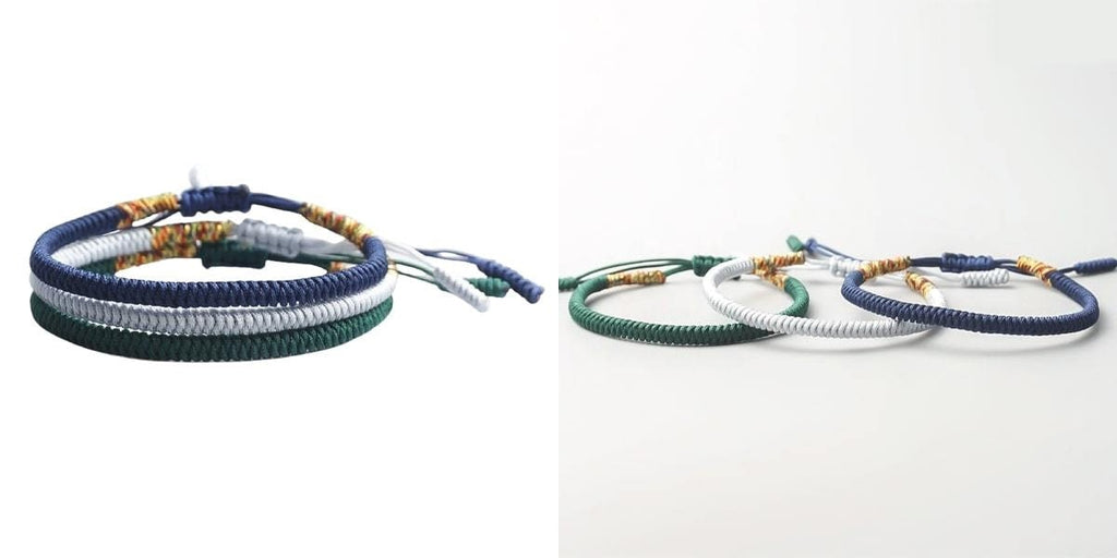 Macrame bracelet set with blue, white, and green bracelets