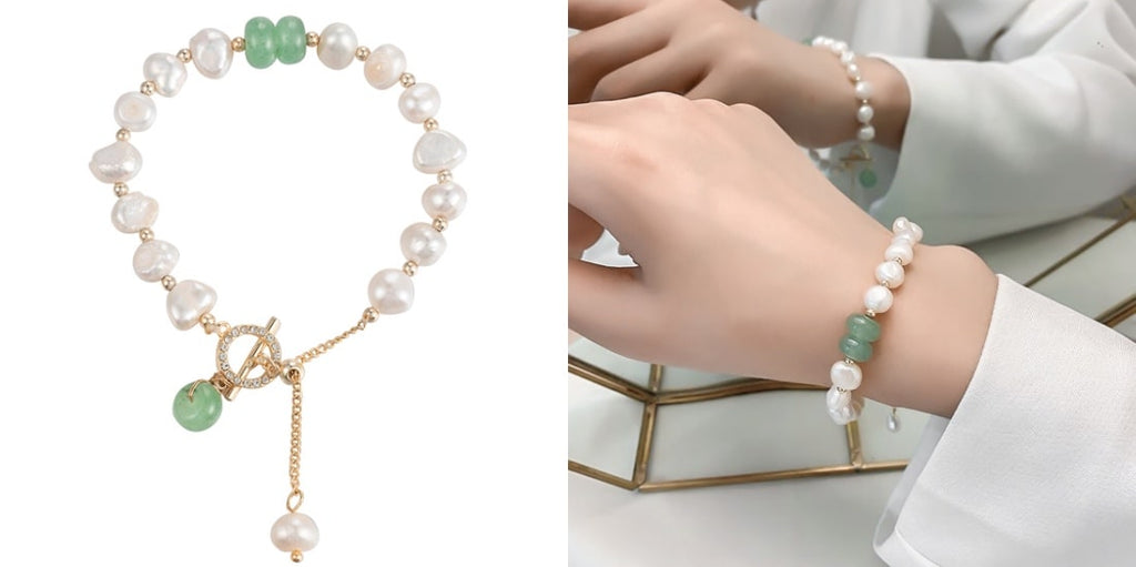 Green jade and white pearl bridesmaid bracelet for weddings