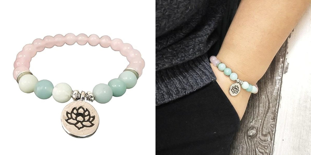 Pink and green lotus charm bracelet