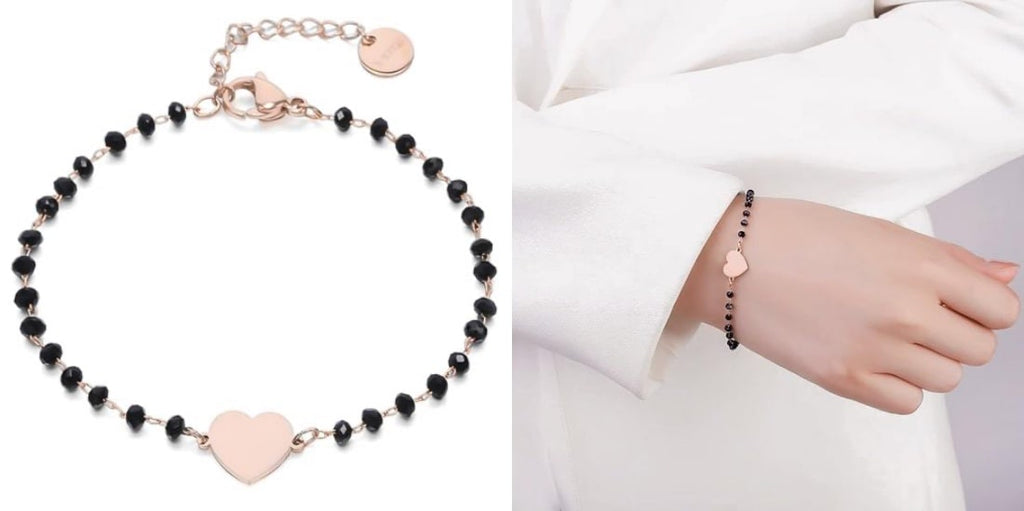 Rose gold and black beaded heart bridesmaid bracelet for weddings