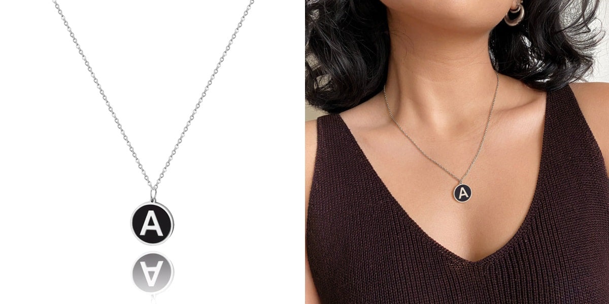 Black and silver initial coin necklace