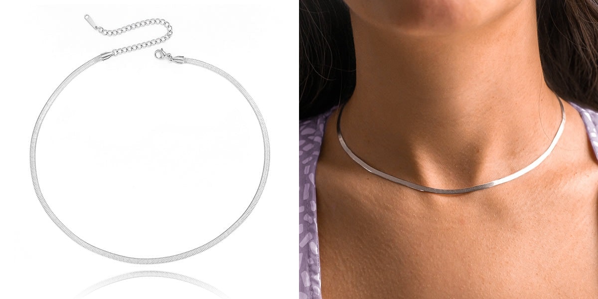 Silver herringbone choker necklace