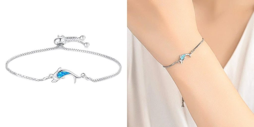 Silver dolphin bracelet with blue opal