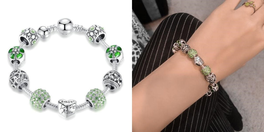 Silver and green lucky charm bracelet