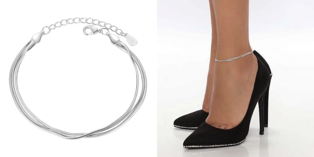 Layered sterling silver herringbone ankle chain