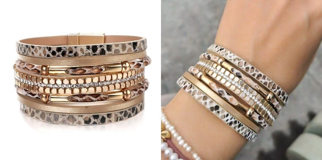 Layered Snakeskin Leather Bangle Bracelet