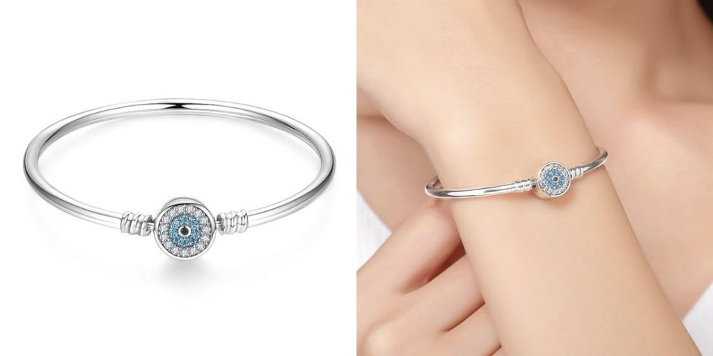 Sterling Silver Cubic Zirconia Eye Charm Bangle Bracelet