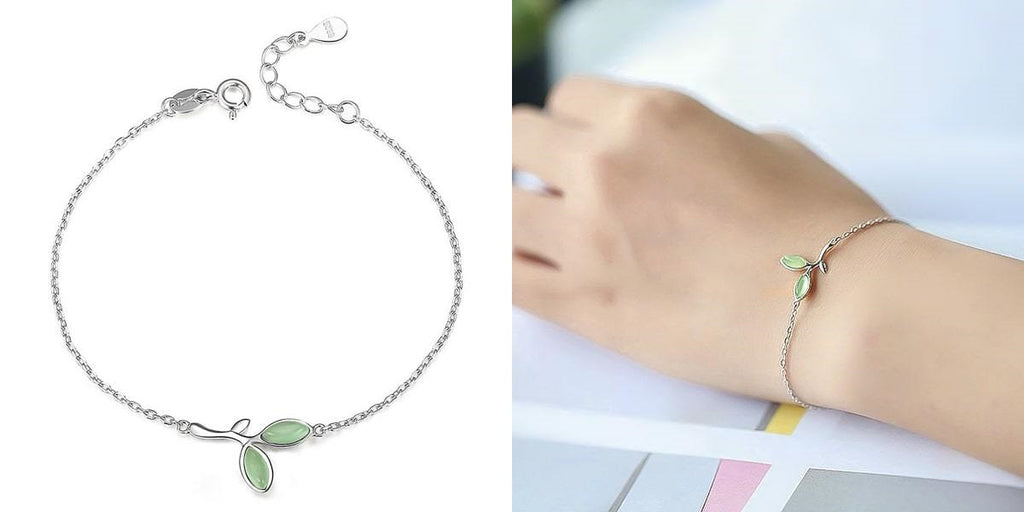 Silver chain bracelet with green leaves for her