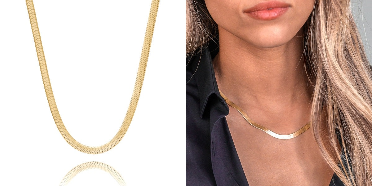 Thick gold herringbone chain necklace