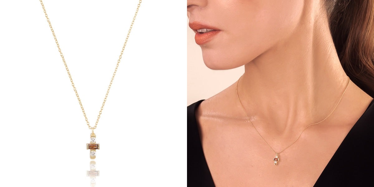 White & cognac crystal cross necklace