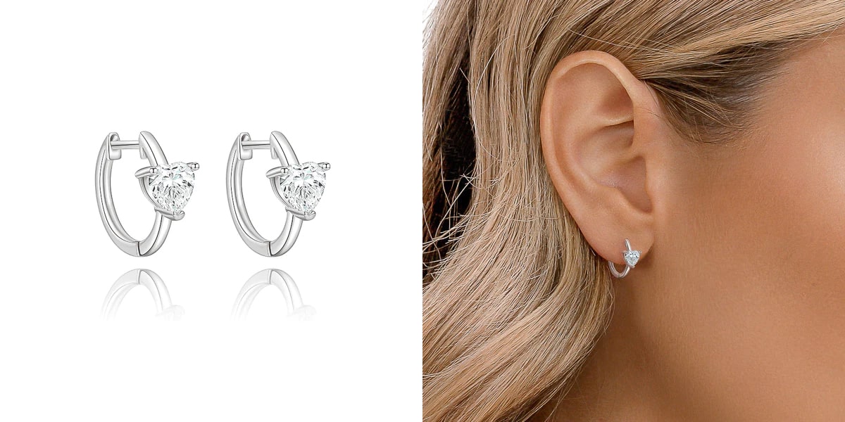 Classic silver solitaire heart hoops