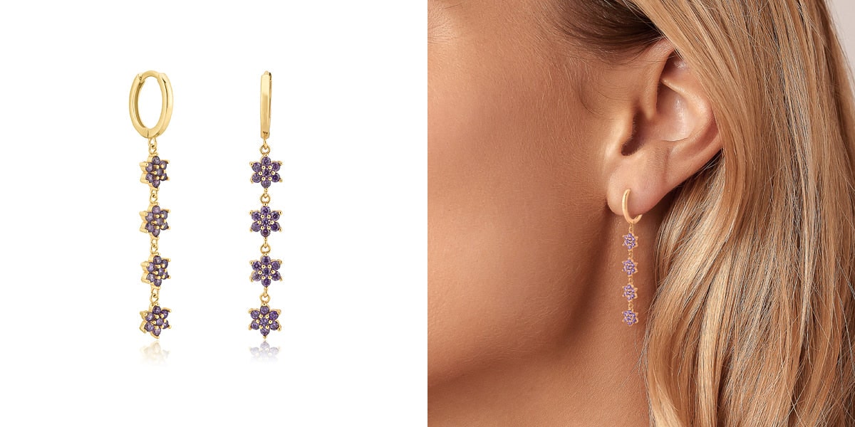 Gold purple crystal flower drop chain earrings