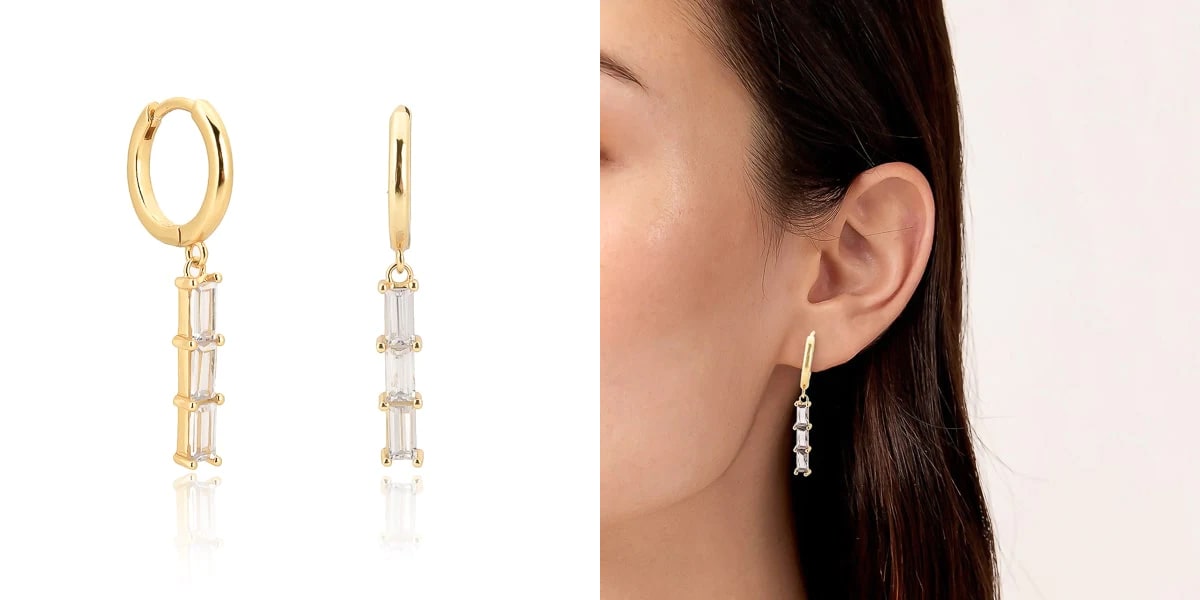 Gold triple baguette drop bar hoop earrings