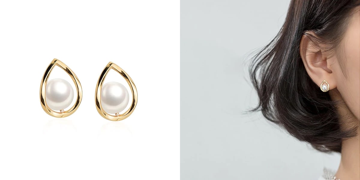 Gold waterdrop pearl studs