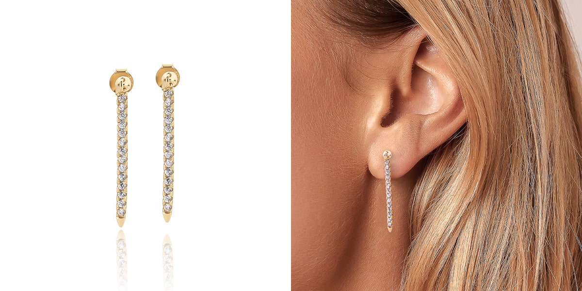 Long gold crystal drop bar earrings