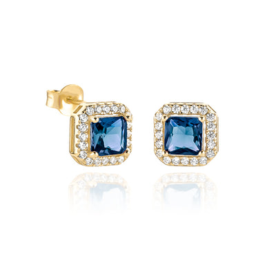 Gold Blue Square Halo Stud Earrings