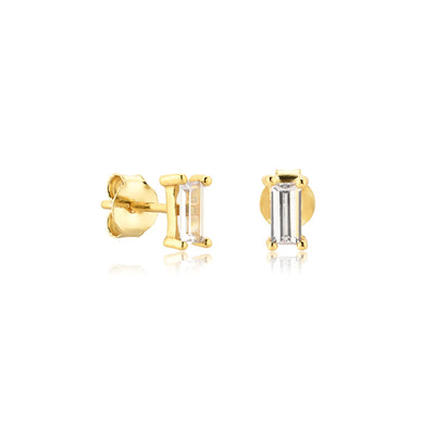 Mini orecchini a bottone baguette in oro con zirconi cubici