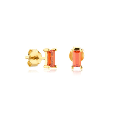 Gold orange red baguette stud earrings