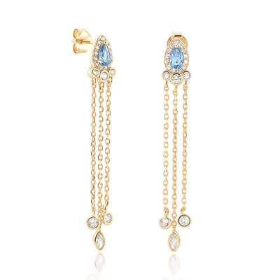 Gold blue crystal chandelier earrings