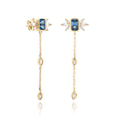 Gold Blue Crystal Drop Chain Earrings