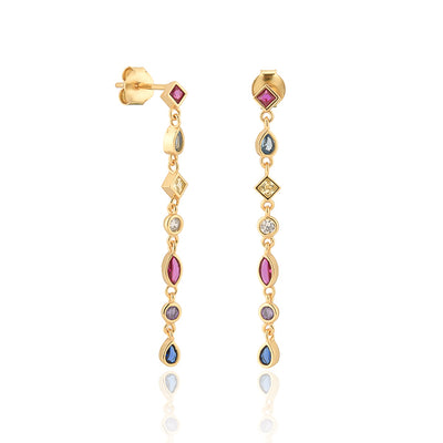 Gold Colorful Crystal Drop Chain Earrings