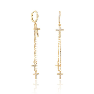 Gold Crystal Cross Drop Chain Earrings